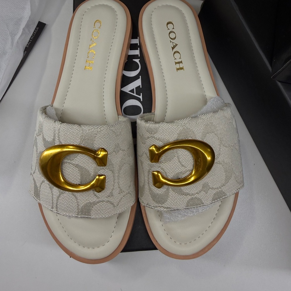 Coach Cream Signature Logo Slide Sandals with Gold Hardware